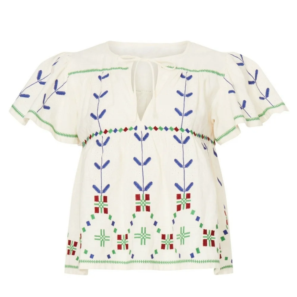 ba&sh Kimber Top Cotton Short sleeves Tie neck Pull on Size M - Picture 1 of 11